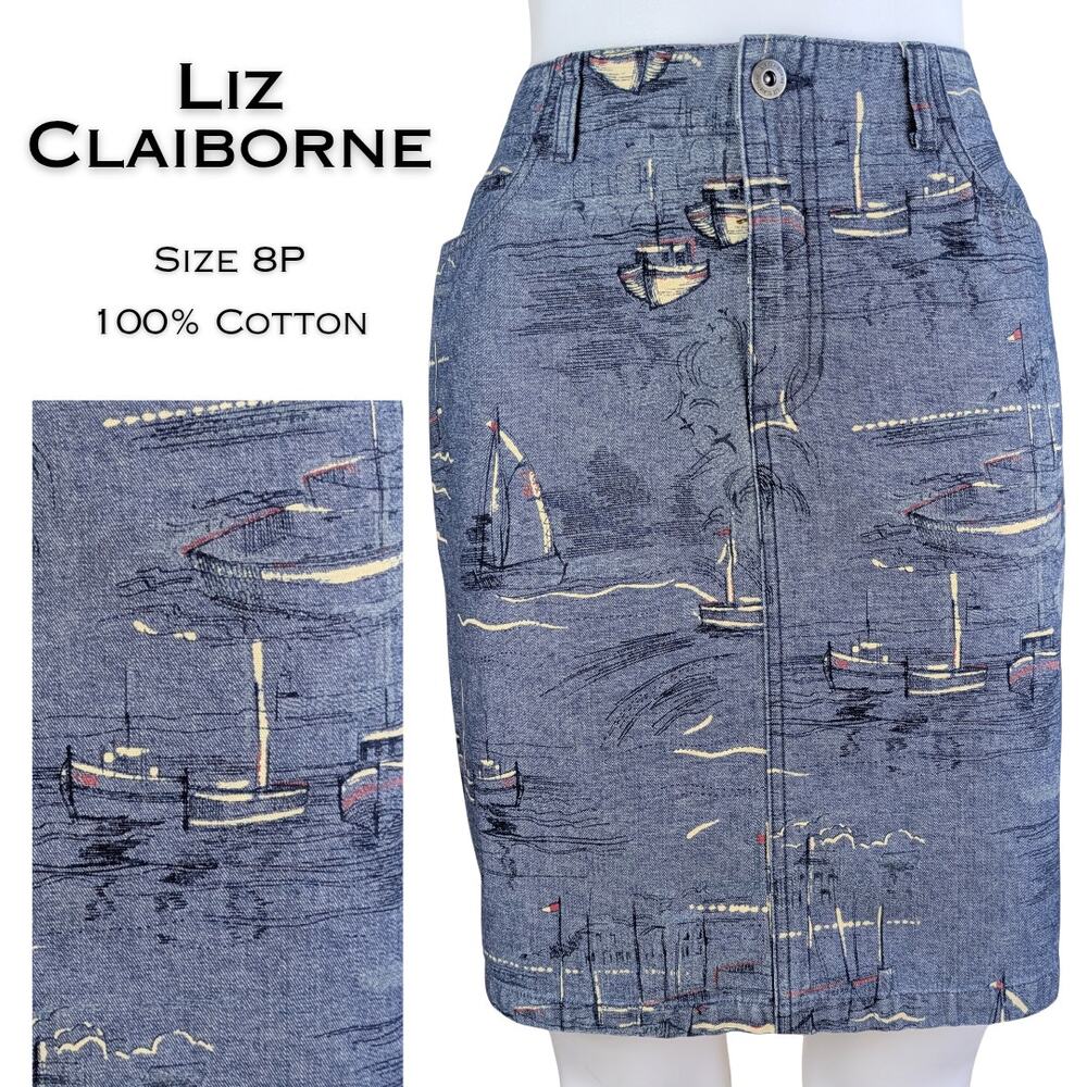 Liz Claiborne Denim Miniskirt 8 Petite Blue Nautical Boat Print Straight Pencil